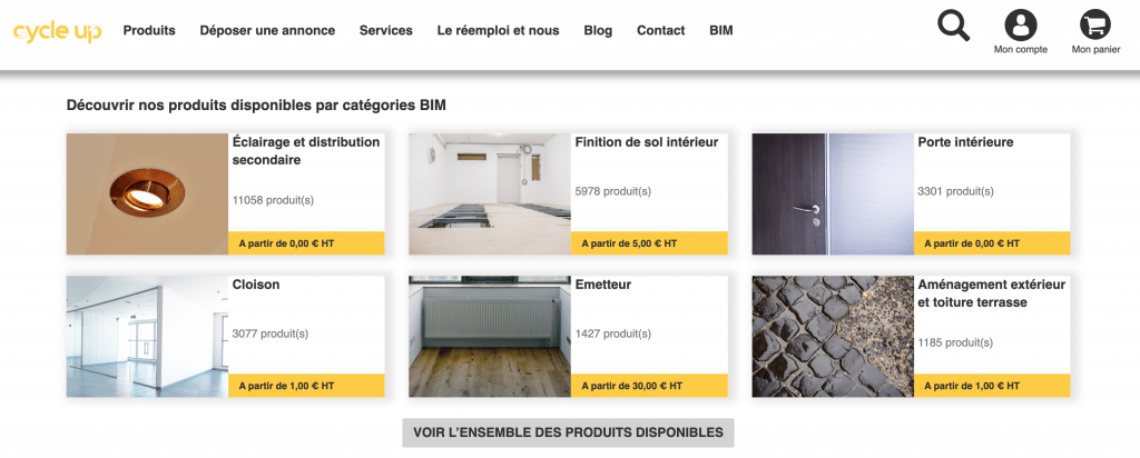 capture écran site web Cycle Up revente de déchets et surplus chantiers